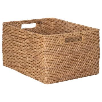 Loma Rectangular Decorative Rattan Storage Basket With Handles, Honey Brown
