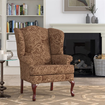 Comfort Pointe Paisley Cocoa Brown Chenille Fabric Wing Back Accent Chair