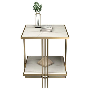 Sintered Stone Top Side Table with Storage and Geometric Gold Frame, White