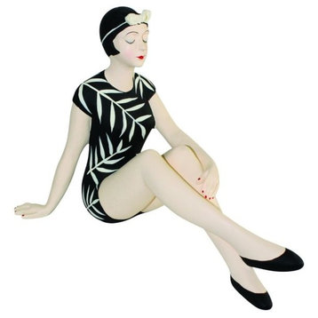 Retro Bathing Beauty Figurine Statue, Swim Suit Woman Black White Palm Leaf