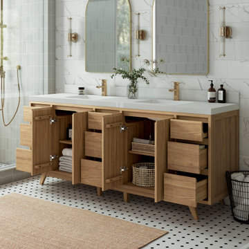 Madison Teak 84 Double Sink Bath Vanity Golden Teak 2" Calacatta Laza