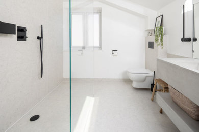 Design ideas for a large modern bathroom in Other with a walk-in shower, grey tiles, marble tiles, marble flooring, grey floors, an open shower and feature lighting.