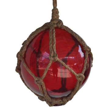 Red Japanese Glass Ball Fishing Float With Brown Netting Decoration 6'', Glass