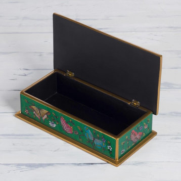 Butterfly Jubilee, Emerald Reverse Painted Glass Decorative Box