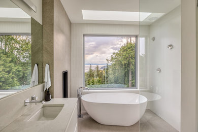 Bathroom - mid-sized modern porcelain tile, gray floor and double-sink bathroom idea in Vancouver with an undermount sink and a built-in vanity