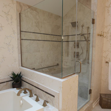 Elegant White Bathroom with Beige Tiled Shower