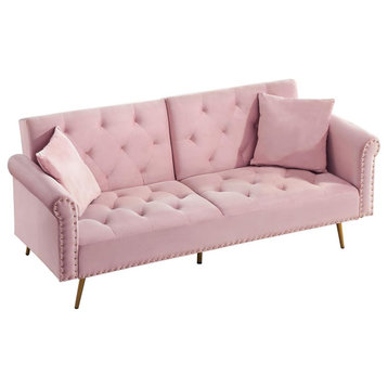 Traditional Futon, Velvet Seat & Rolled Arms With Nailhead Trim Accents, Pink
