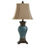 StyleCraft Home Collection - Table Lamp, Blue/Brown/Bronze - This poly table lamp is truly a remarkable piece. The subtle curvature make it stand out in a master suite. It features a rectangular, footed base as well as an orb socket and brown cord.