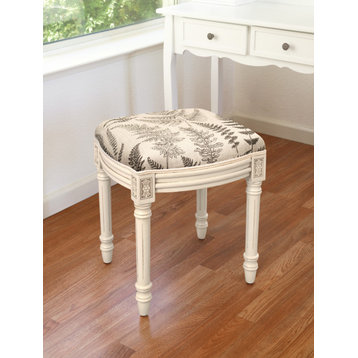 Fern-Grey, Print Linen Upholstered Vanity Stool, Grey