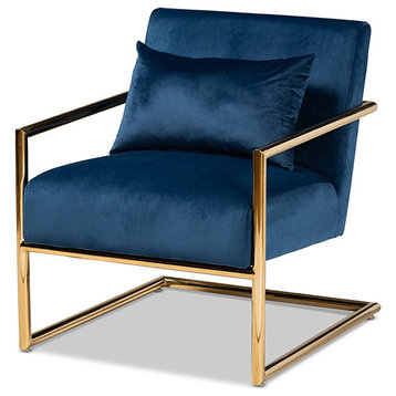 Mira Glam and Luxe Navy Blue Velvet Fabric Upholstered Gold Metal Lounge Chair
