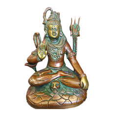 Mogul Interior - Seated Shiva Statue Brass Idol Religious Sculpture Indian Art Hinduism Gifts - Decorative Objects and Figurines