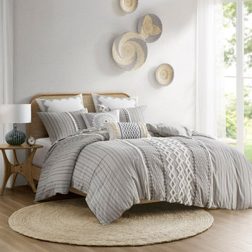 INK+IVY Imani Cotton Printed Duvet Cover Set With Chenille, Gray
