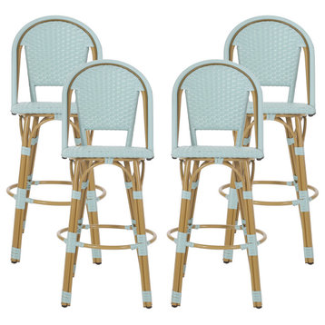 Cotterell Outdoor French Wicker and Aluminum 29.5" Barstools, Set of 4, Light Teal/Bamboo Finish