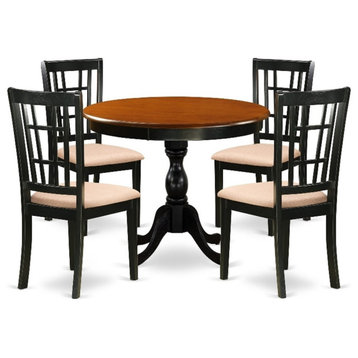 AMNI5-BCH-C - Dining Table and 4 Linen Fabric Dining Room Chairs - Black Finish