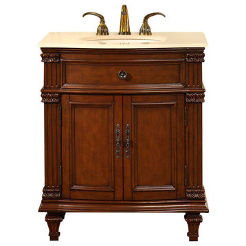 30.5 Inch Small Dark Brown Bathroom Vanity with Single Sink, Marble, Traditional
