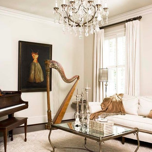 Living room - large traditional enclosed dark wood floor living room idea in Other with white walls and a music area