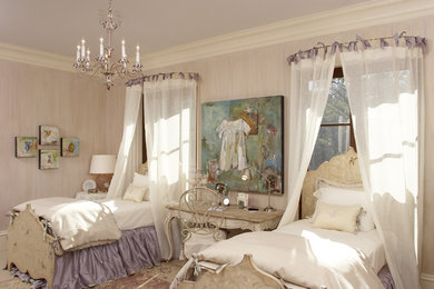 Large cottage chic girl kids' bedroom photo in Jacksonville with pink walls