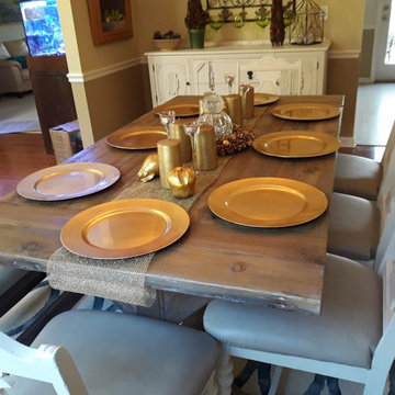 Farm House Country Trestle Table, Genuine Leather Covered Bench and Chairs