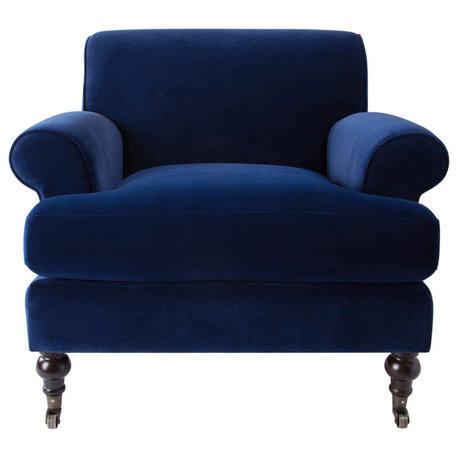 Alana 38" Lawson Accent Arm Chair, Metal Casters, Navy Blue Velvet