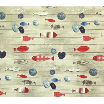 Beach Fabric Seashore Weathered Boards Red Blue Wooden Fish Stones, Standard