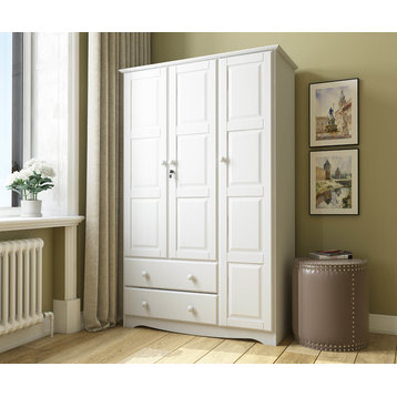 100% Solid Wood 3-Door Grand Armoire With Lock, White