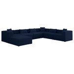 Meridian Furniture - Cube Upholstered Modular Sectional, Navy, 7-Piece: 3 Armless Chair, 3 Corner Chair, 1 Ottoman, Linen Texured Fabric - Treat yourself to some long overdue "me time" when you're seated on this Cube 7-Piece Modular Sectional. This beautiful modular unit is both eye-catching and elegant, features durable linen textured upholstery in a soft navy color that meshes well with nearly any existing color scheme. Pair this modular Sectional with other items in the same collection to create an unlimited number of combinations and enjoy the custom seating arrangement of your dreams. Latches underneath make it easy to attach pieces to one another.