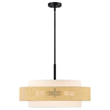5-Light Double Shade Drum Chandelier With Black Canopy, Beige With White Shade