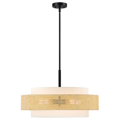 5-Light Double Shade Drum Chandelier With Black Canopy, Beige With White Shade