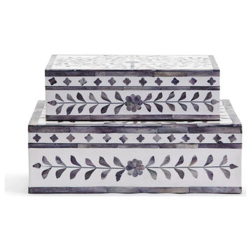 Two's Company Jaipur Palace Set of 2 Gray and White Tear Hinged Cover Boxes