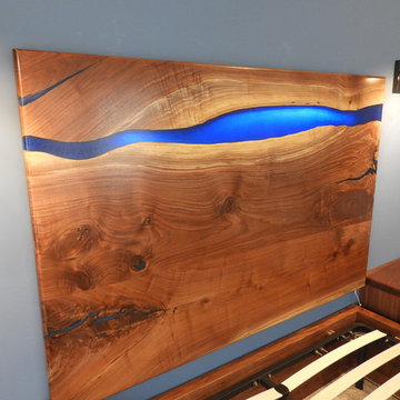 Walnut Live Edge Epoxy Resin River Headboard, Frame & Bedroom Set