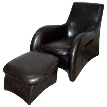 Lush Brown Leather Modern Armchair With Ottoman