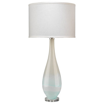 Dewdrop Table Lamp, Sky Blue Glass With Classic Drum, White Linen