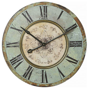Round Wood Wall Clock, Distressed Mint Green