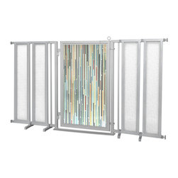 Fusion Gates - Fusion Gate with Modern Lines Design, Satin Nickel, 71.5"-74" - Dog Gates