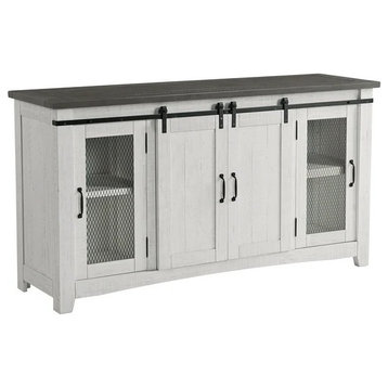 Rustic TV Stand, Pine Frame With Sliding Doors and Metal Mesh Doors, White/Black