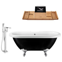 59" Clawfoot Black Tub, Faucet and Tray Set, Chrome Feet, Chrome External Drain