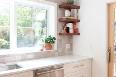 Inspiration for a french country kitchen remodel in DC Metro with gray backsplash and ceramic backsplash