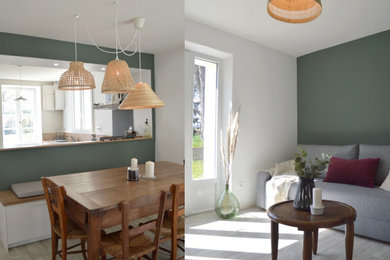 Inspiration pour une salle de séjour rustique de taille moyenne et ouverte avec un mur vert, parquet clair et un sol gris.