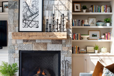 Inspiration for a large transitional living room remodel in Boston with a stone fireplace