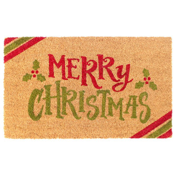 Red Machine Tufted Holiday Merry Christmas Diagonal Stripes Doormat, 18"x30"