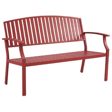 Traditional Outdoor Bench, Aluminum Frame With Slatted Back & Curved Arms, Red