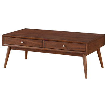 2 Drawer Wooden Coffee Table With Splayed Legs, Walnut Brown