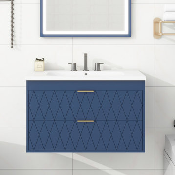 30'' Floating Bathroom Vanity with Resin Sink,Mounted Bathroom Storage Cabinet, Navy Blue