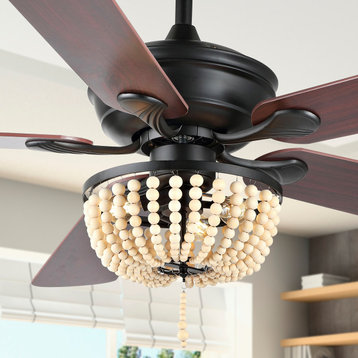 Erin 52" 3-Light Iron/Wood Bead Mobile-App/Remote-Controlled LED Ceiling Fan, Black/Light Brown