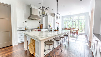 Transitional White Marble Kitchen | Waterfall