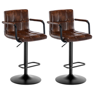 Set of 2 Open Arms Tufted Bar Stools, Dark Brown-Pu