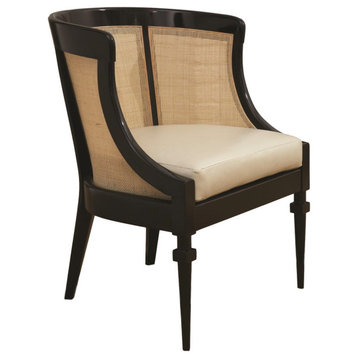 Elegant Vintage Style Curved Cane Back Chair  Black Wood Beige Retro Rounded