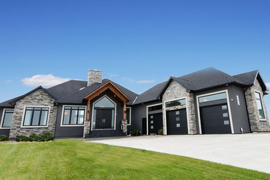 Mid-sized transitional gray one-story mixed siding exterior home photo in Edmonton with a hip roof