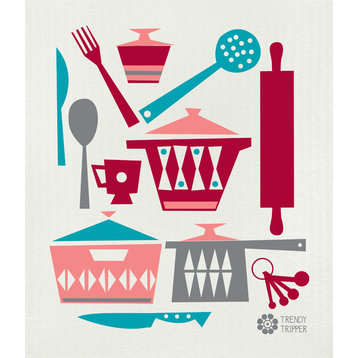 Swedish Dishcloth/Sponge Cloth - Mid-Century Modern Kitchen Designs by Jenn Ski, Pink/Turquoise on Natural