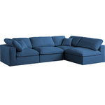 Meridian Furniture - Plush Velvet / Down Standard Comfort L-Shaped Modular Sectional, Navy, 4-Piece: 2 Armless Chair, 2 Corner Chair - No matter how big or little the size of your gang, they can all find their sweet spot when you choose pieces from the Plush collection to build your ideal seating group. Choose this individual Plush piece or pair multiple pieces together to get the custom look everyone will love. The soft navy velvet material is soft and welcoming to the touch, and the set's cushions are overstuffed with a down and feather blend to provide ample support for tired bodies.